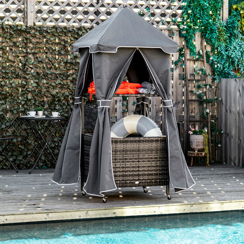 Serviteur de rangement pour serviettes d'extérieur - Support de piscine couvert avec tablette, panier et rangement roulant, support de piscine gris