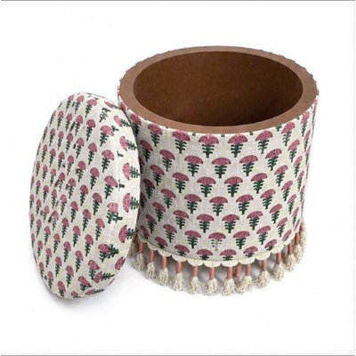 Bohemian Storage Ottoman with Fringes Upholstered Foot Stool with Hidden Storage, 16x16x18"