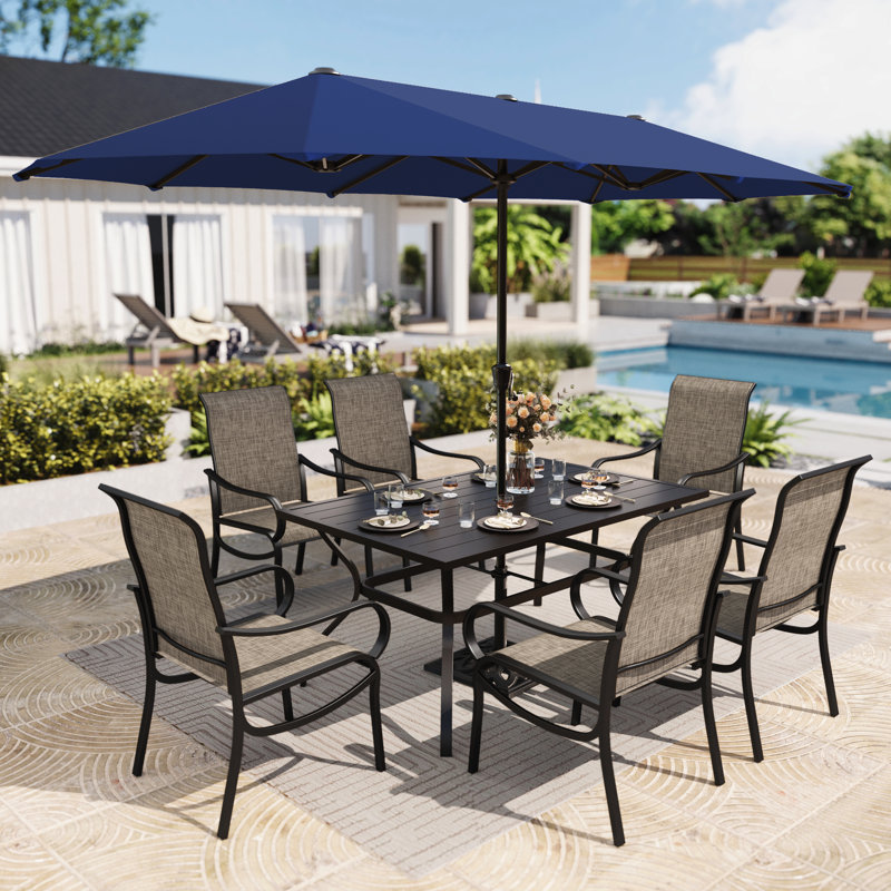 6-person Patio Dining Set With Umbrella, 8 Pcs: Table, 6 Chairs, Umbrella, Navy