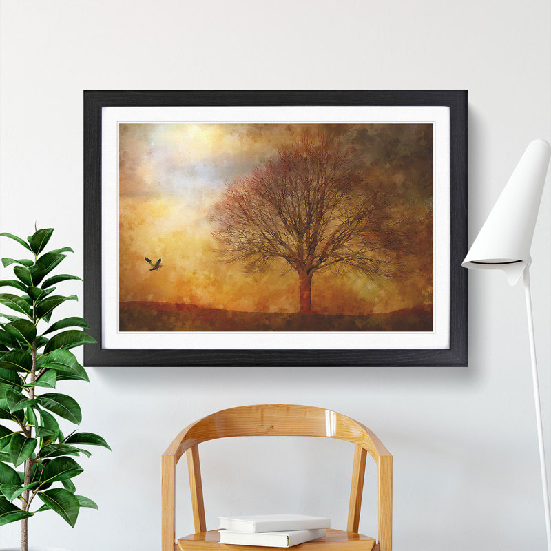 Bird and Tree at Sunset - Picture Frame Painting, Black Framed, 36cm H x 48cm W x 2cm D