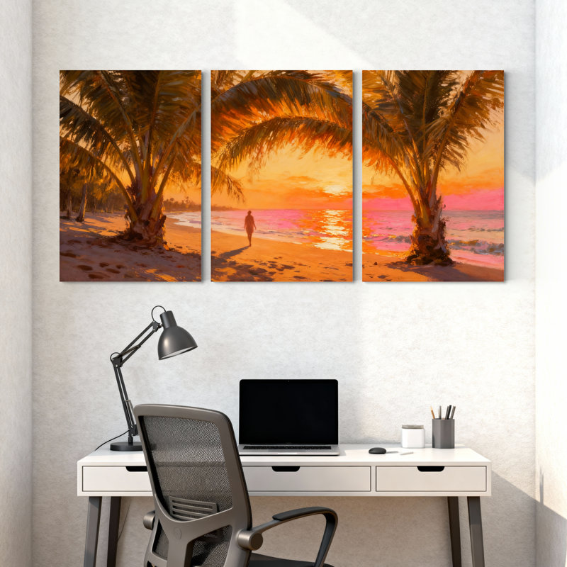 Palmiers, coucher de soleil, plage, palmiers, promenade dans l'océan, ensemble de 3 impressions sur toile, H 24 po x l 48 po