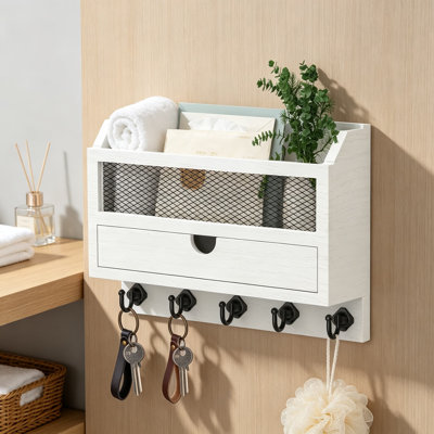 Porte-clés mural et porte-courrier avec crochets et tiroir de rangement, organisateur d'entrée en bois pour clés, lettres et petits objets essentiels, décoration intérieure classique