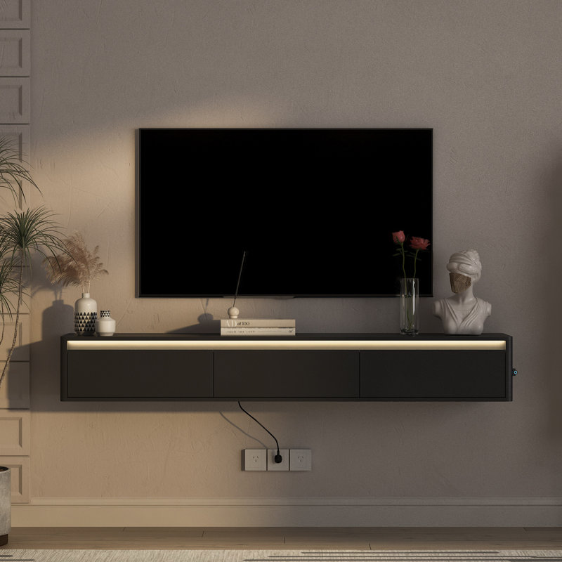 Meuble télé moderne flottant, panneau de fibres à densité moyenne noir brillant avec lumières DEL pour le salon