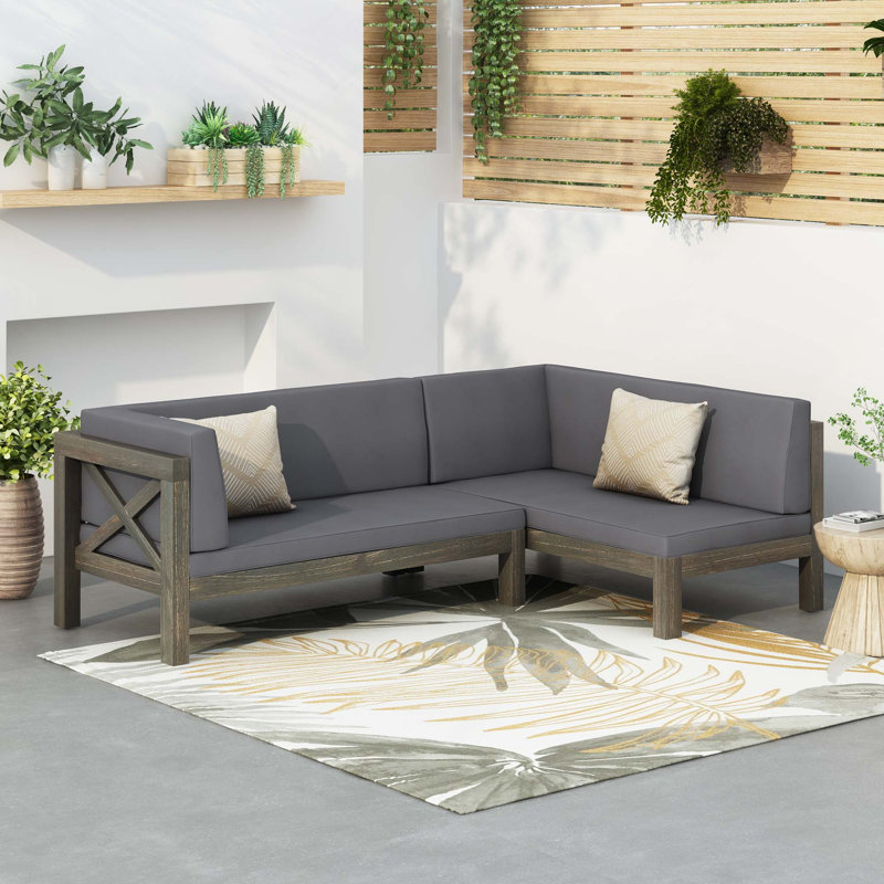 2PCS Patio Modular Acacia Wood Sectional Sofa Set with Left X-Arm & Water-Resistant Cushions, 3, Left Hand Facing, Cushion(s)
