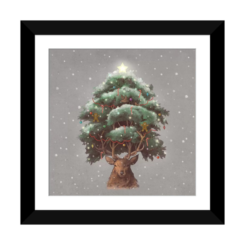 «Reindeer Tree», art sur toile, H 16 po x l 16 po x P 1 po, Papier d'art encadré noir, Blanc