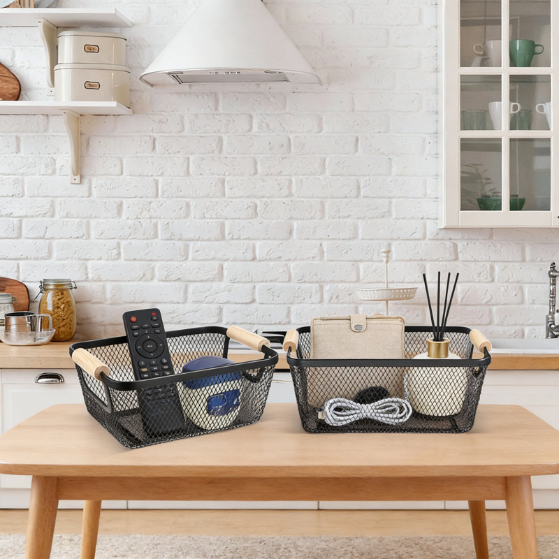 Ensemble de 6 paniers de rangement en maille d'acier avec poignées en bois - Rangement polyvalent pour la maison, la cuisine, le garde-manger, la salle de bain et le rangement des jouets