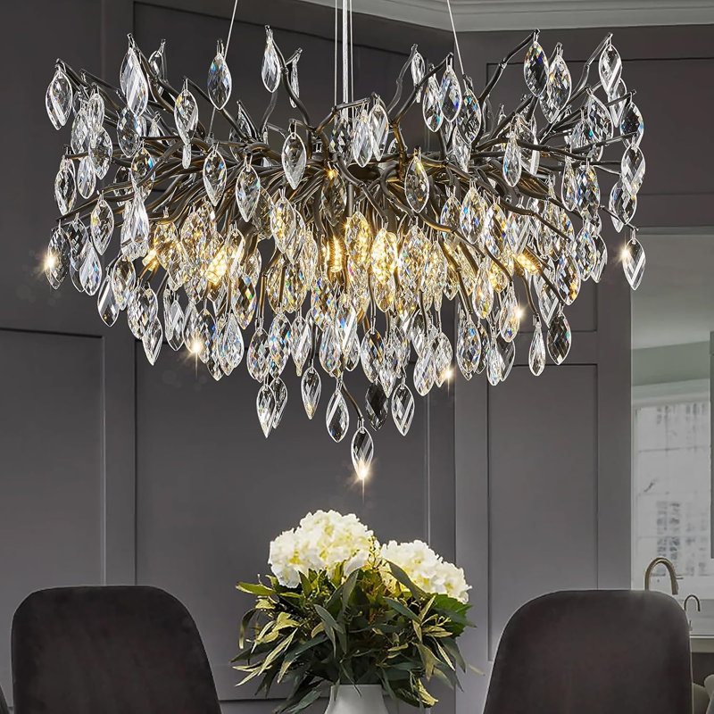 Lustre en cristal Glam, H 17,71 po x l 23,62 po x P 23,62 po, Noir, 8 lumières