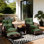 Ensemble de conversation d'extérieur en osier 5 pièces avec table et coussins verts 5 pièces