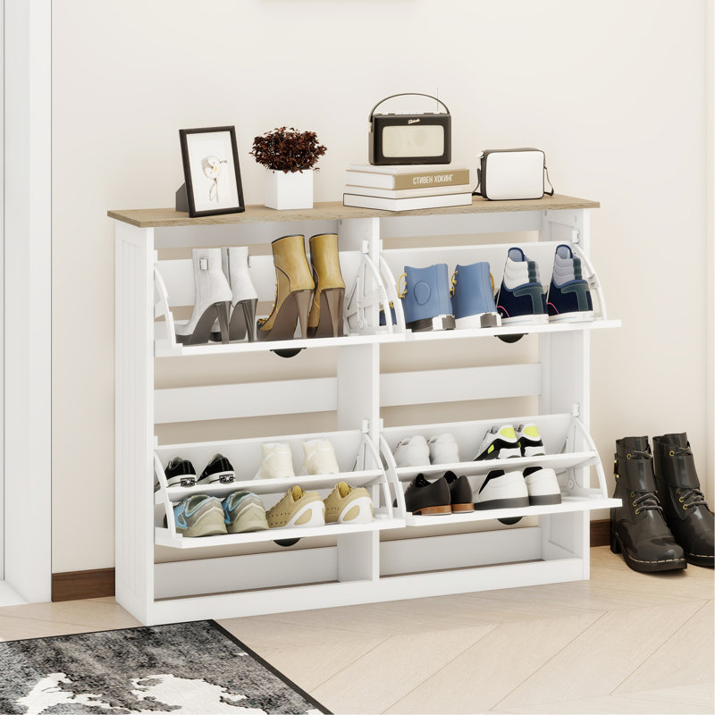 Shoe Storage Cabinet With 4 Flip Drawers, Freestanding Shoe Cabinet Organizer With Adjustable Shelf, Shoe Cabinet For Entryway,  Foyer, Slim Shoe Cabinet-White