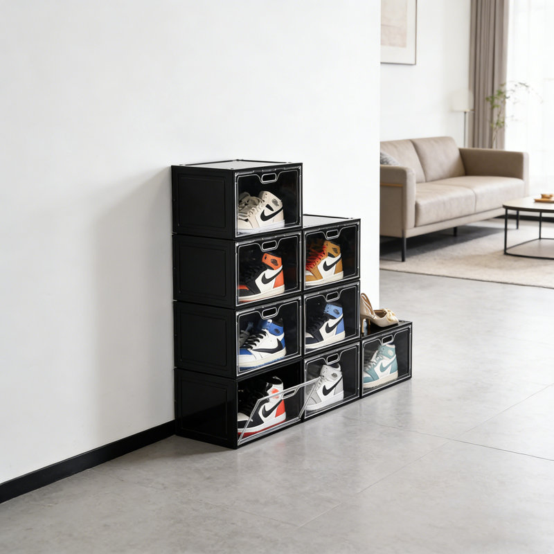 Paquet de 8 boîtes de rangement pour chaussures empilables transparentes avec couvercle magnétique, Noir