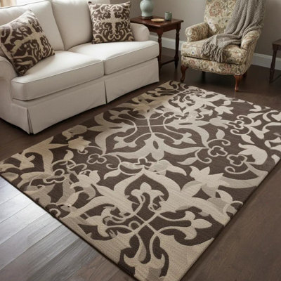 Tapis à médaillon en laine à motif floral traditionnel beige, gris et brun touffeté à la main Bartz Authentic
