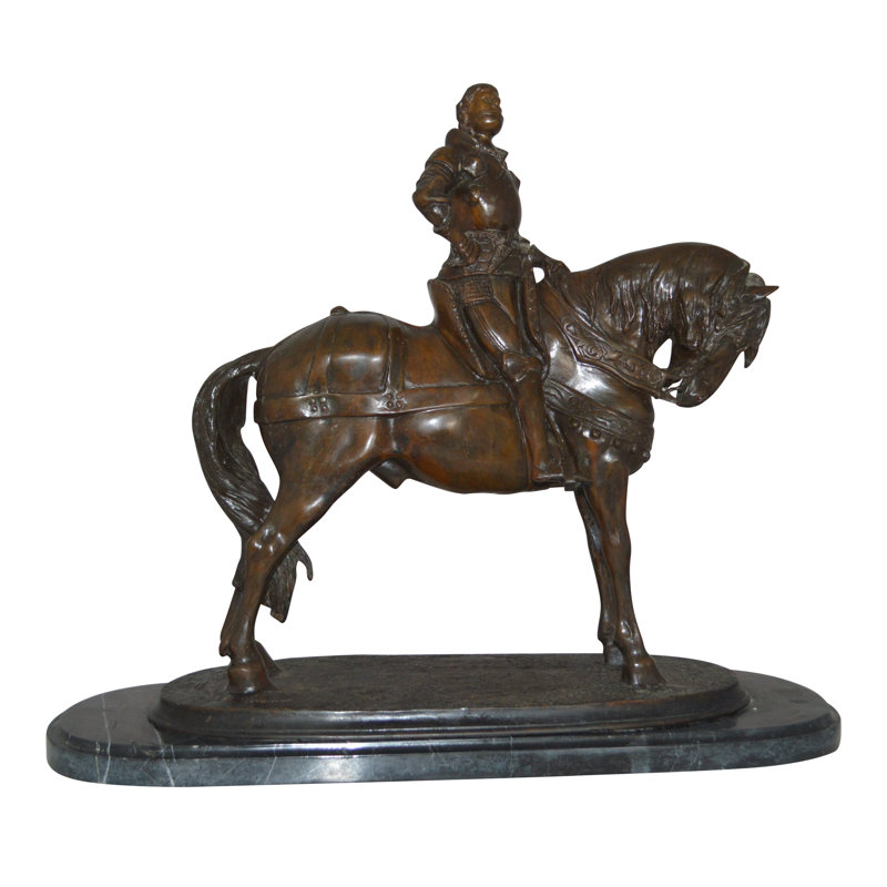 Bronze Man on Horse Statue with Marble Base