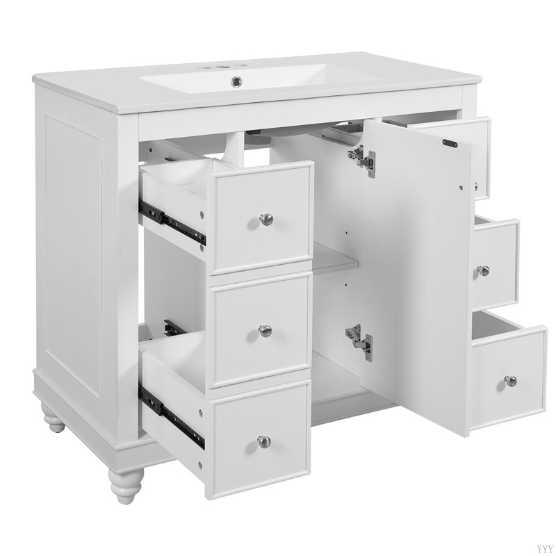 Meuble-lavabo de salle de bain avec lavabo avec tiroirs et tablette réglable, Blanc