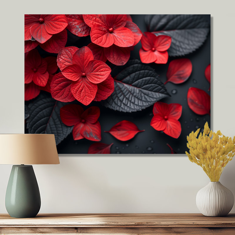 Rendez-vous romantique rouge et noir hortensia II - art mural hortensia, H 24 po x l 32 po, Sans cadre, métal