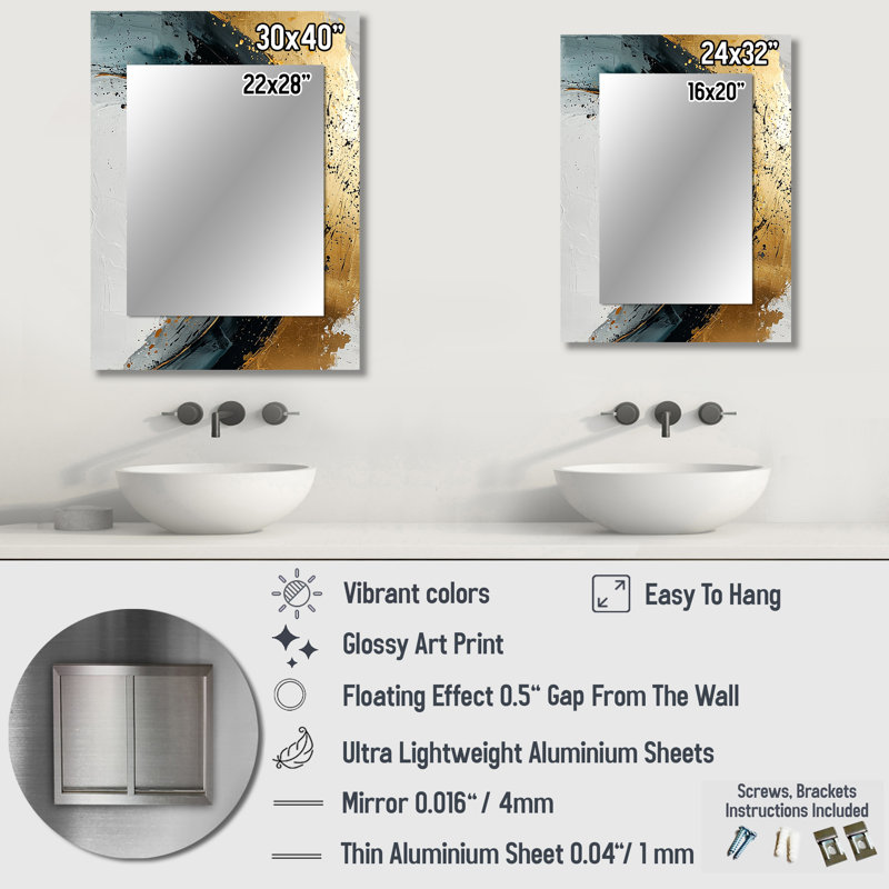 Black Gold Yin And Yang Spiral Design I - Zodiac Unique Wall Mirror, Black Mirror, Printed Metal Art, 40" x 30"