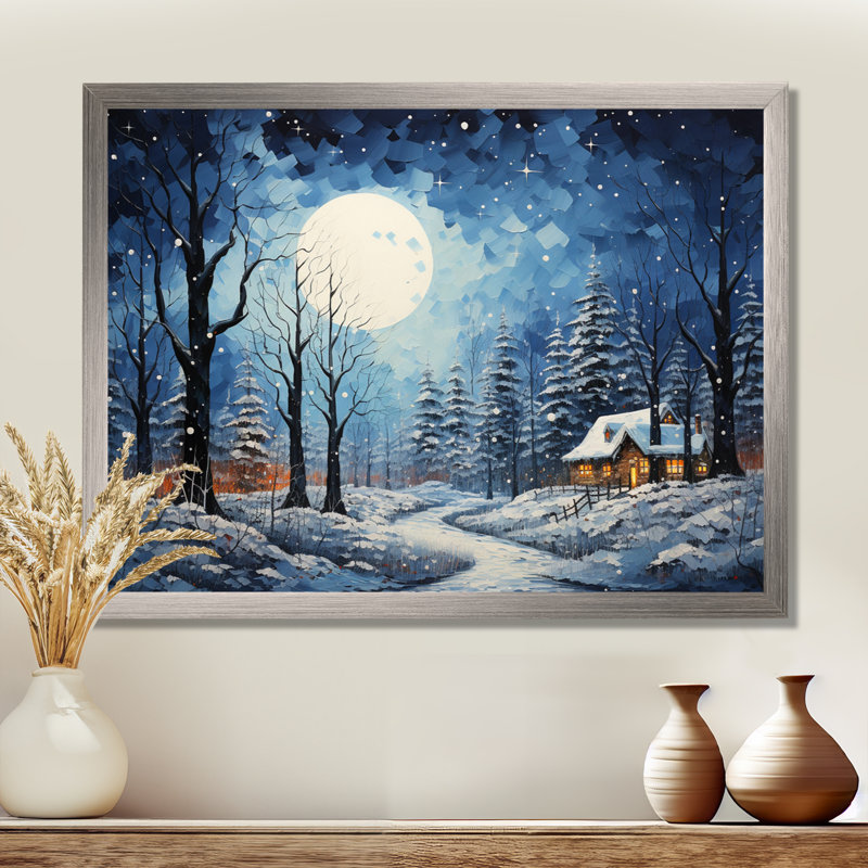 Paysage de chalet d'hiver de Noël III - Paysage d'hiver grand art mural, Cadre flottant noir, H 16 po x l 32 po x P 1 po