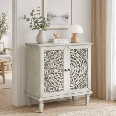 Commode d'appoint rétro sculptée, buffet de rangement à 2 portes avec motif floral symétrique, tablette réglable et pieds en bois massif pour le vestibule du salon