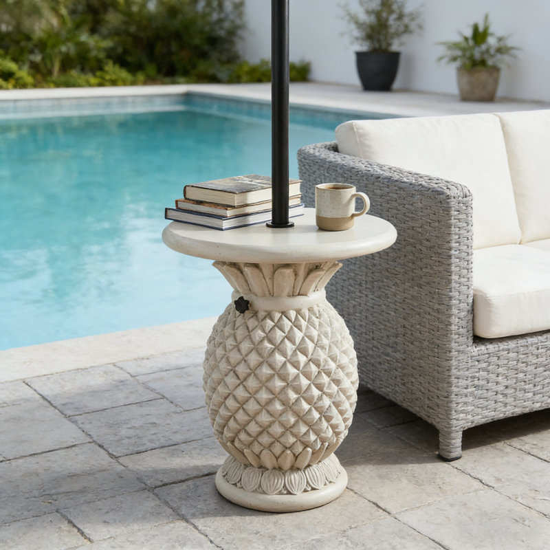 Table d'appoint d'extérieur avec base de parasol 2 en 1 ananas pour jardin près de la piscine
