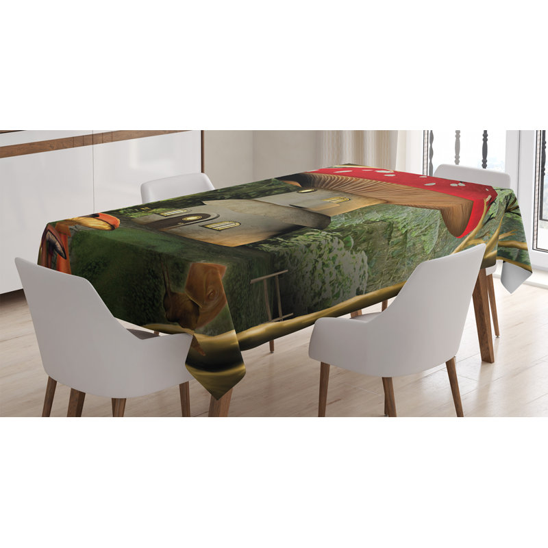 Ambesonne Mushroom Tablecloth, Shroom House In Enchanted Forest With Ladybug And Snail Whimsical Tree, Rectangular Table Cover For Dining Room Kitchen Decor, 52" X 70", Red Pale Coffee Green