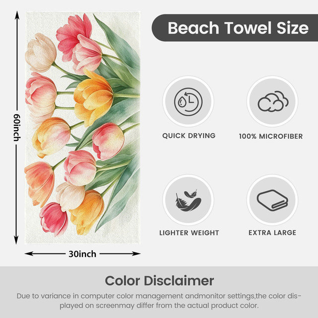  Serviette de plage en microfibre légère, absorbante et sans décoloration, 30 po x 60 po, tulipe aquarelle