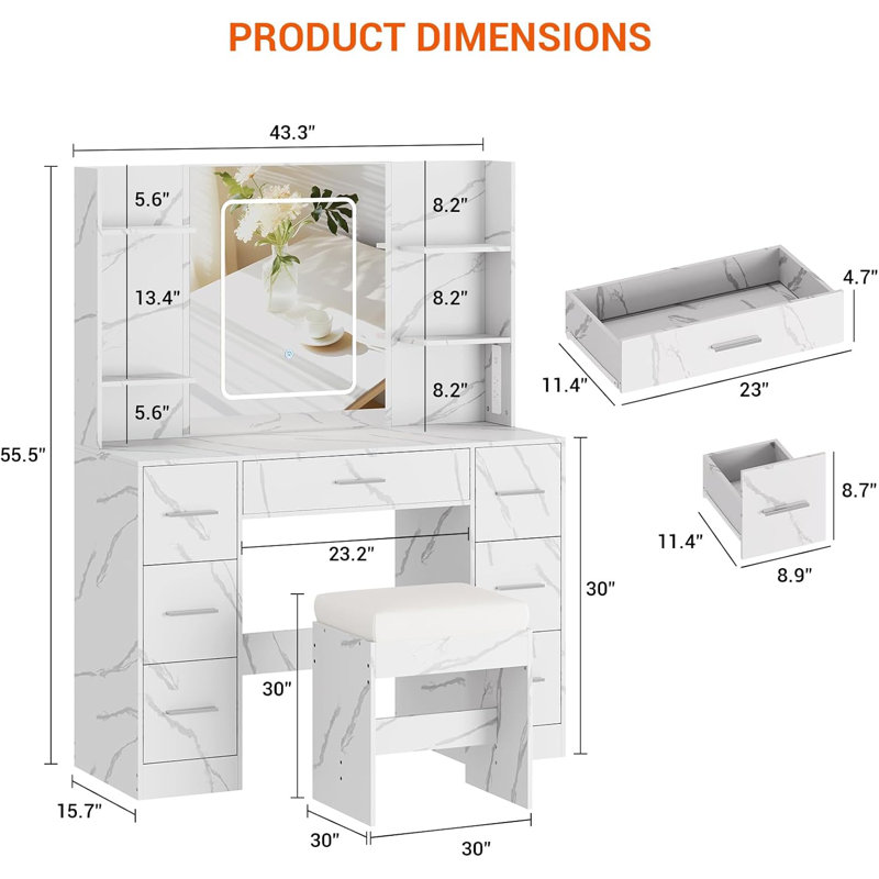 Vanity Desk  Vanity Table With 7 Drawers And 6 Storage Shelves, With Mirror  Stool Dressing Table Marbled White