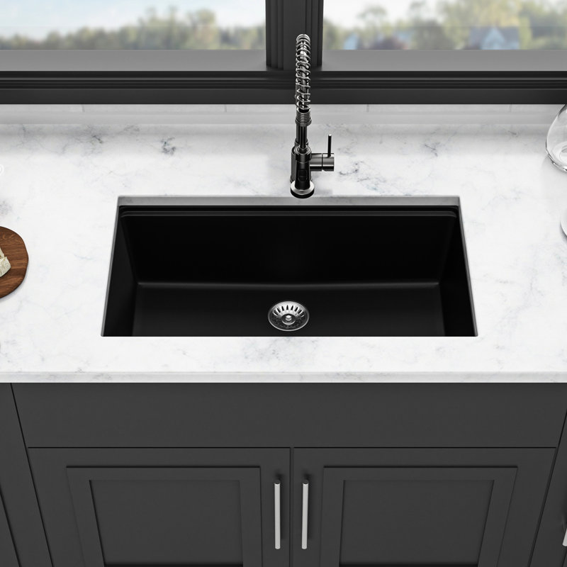32X19" Quartz Workstation Undermount Black Kitchen Sink, High - Quality Composite, Rounded Corners For Easy Wiping, Reduces Dirt Hiding, Comes With Basket Strainers And Drying Rack Made Of Advanced