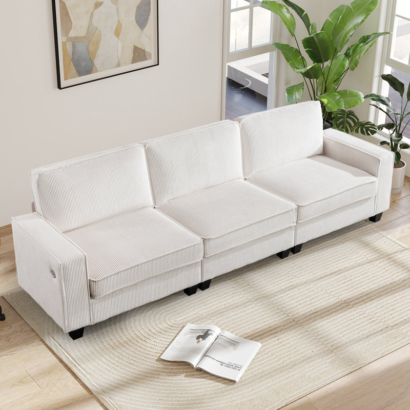 Canapé à 3 places en velours côtelé de 114,2 po de largeur avec ports USB et de type C, Beige