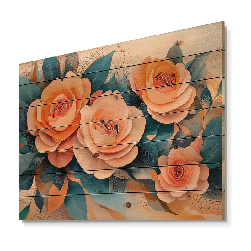 Roses Dream Fragments Kinetic Art I - Roses Wood Wall Art - On Natural Pine Wood, 30" H x 40" W x 0.78" D