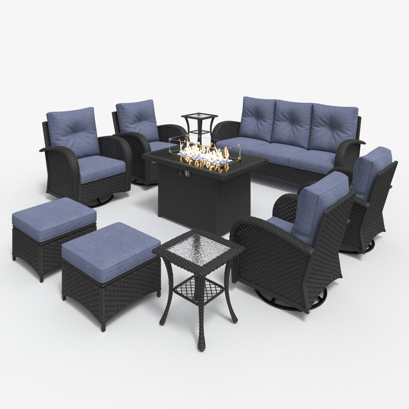 Ensemble de mobilier d'extérieur 10 pièces avec table de foyer d'extérieur Red Barrel Studio® et chaises modulaires pivotantes en rotin et osier