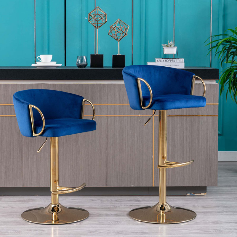 Adjustable Velvet Bar Stools with Chrome Footrest and Swivel Base, Blue
