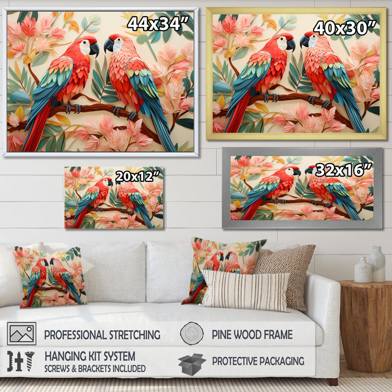 Fleurs tropicales roses et bleues - art mural perroquet II, Cadre doré à coins fermés, H 30 po x l 40 po x P 1,5 po