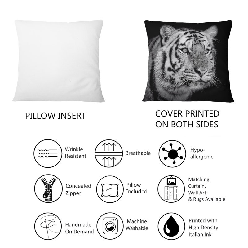 Portrait monochrome d'un tigre blanc - Coussin décoratif imprimé traditionnel