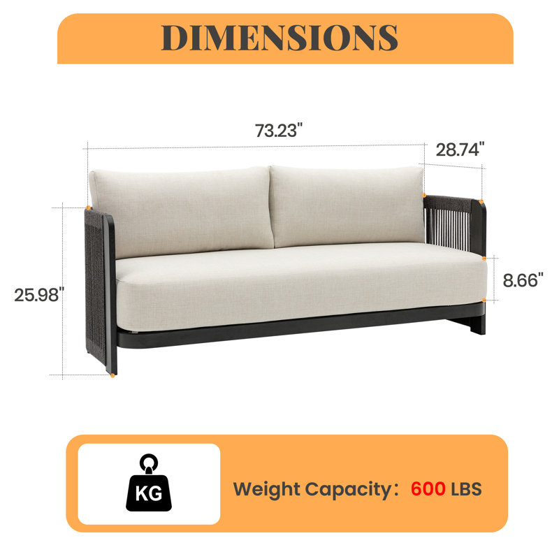 Modern Rope Woven Patio Sofa with Aluminum Frame and Wood Grain;Weather-Resistant Outdoor Conversation Set for Pool and Garden