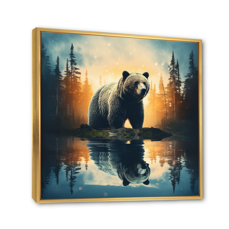 «Double Exposure Bear», art mural grand ours, Cadre flottant doré, H 36 po x l 36 po x P 1,5 po