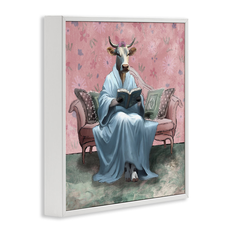 Vache lisant le livre du soir, estampe numérique par Elizabeth Medley, Giclée encadrée blanc bord de mer, H 24 po x l 24 po