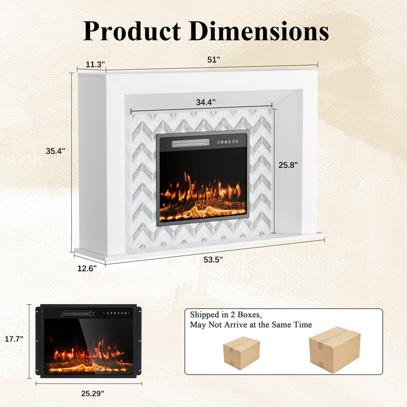 53.5" Electric Fireplace Heater Mantel Tv Stand With Remote Control, Overheat Protection Gray, Gray/White Chevron