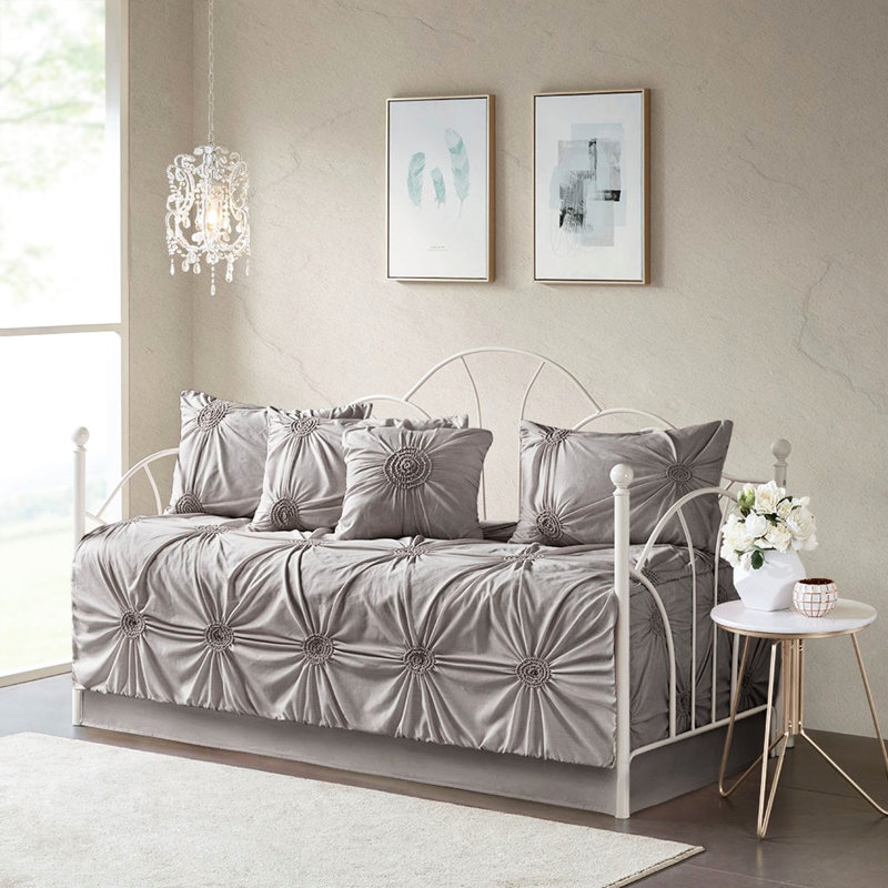 6 Daybed Cover In Dark Gray With Puckered Diamond Shaped Pillow Twin Size Detailing