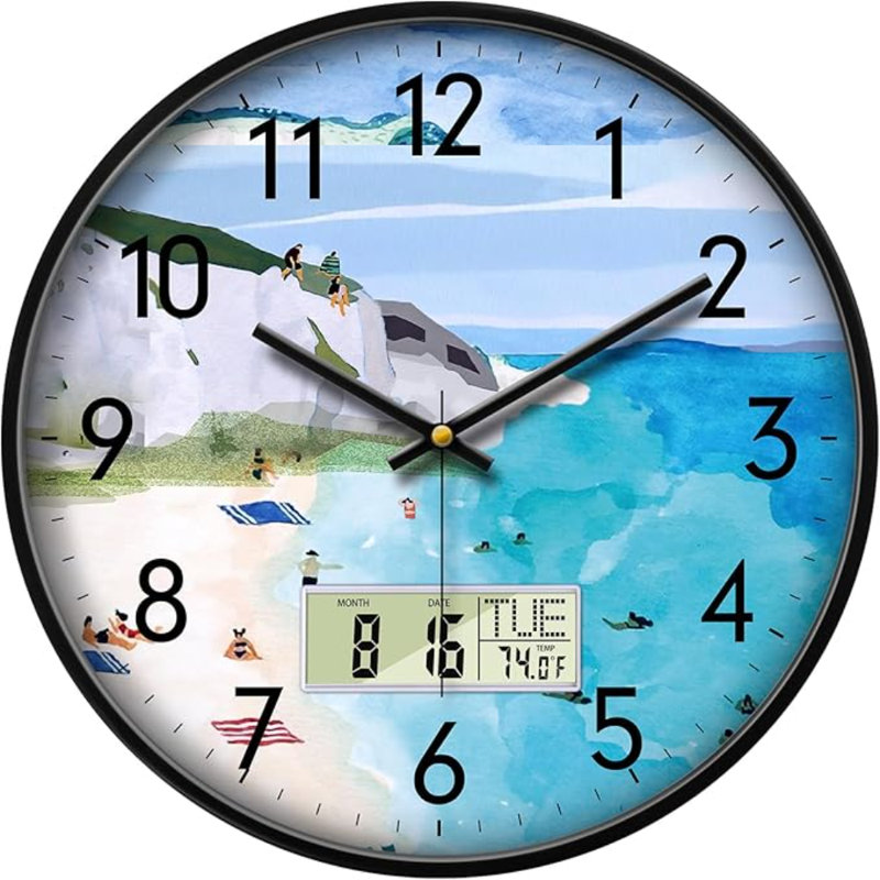 Horloge murale silencieuse avec température jour et date Montagne et mer Plage Horloge de cuisine sans tic-tac