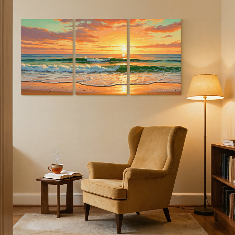 Nautique et plage coucher de soleil océan vagues plage ciel horizon couleurs ensemble de 3 impressions d'art sur toile