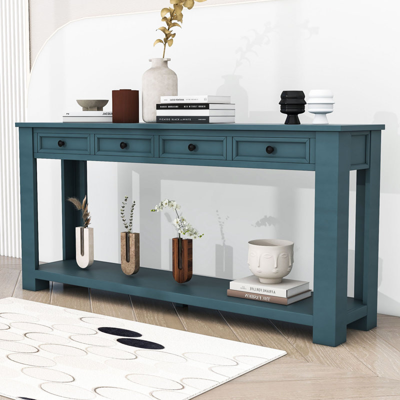 Console / canapé avec tiroirs de rangement et tablette inférieure pour le vestibule, Bleu rétro