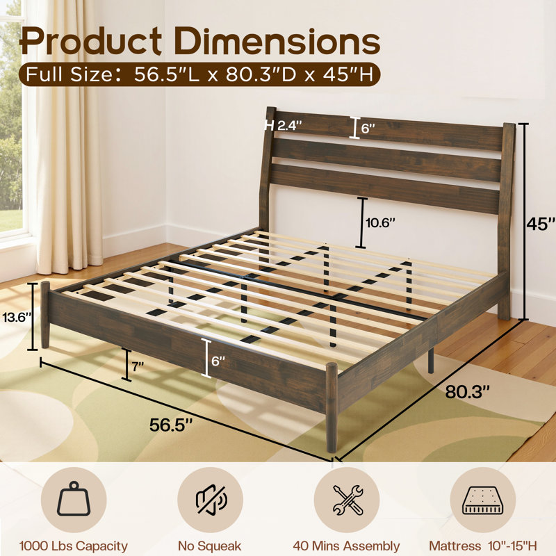 Lit plateforme moderne en bois massif de style Mid-Century avec tête de lit inclinable à lattes, brun foncé, Complète