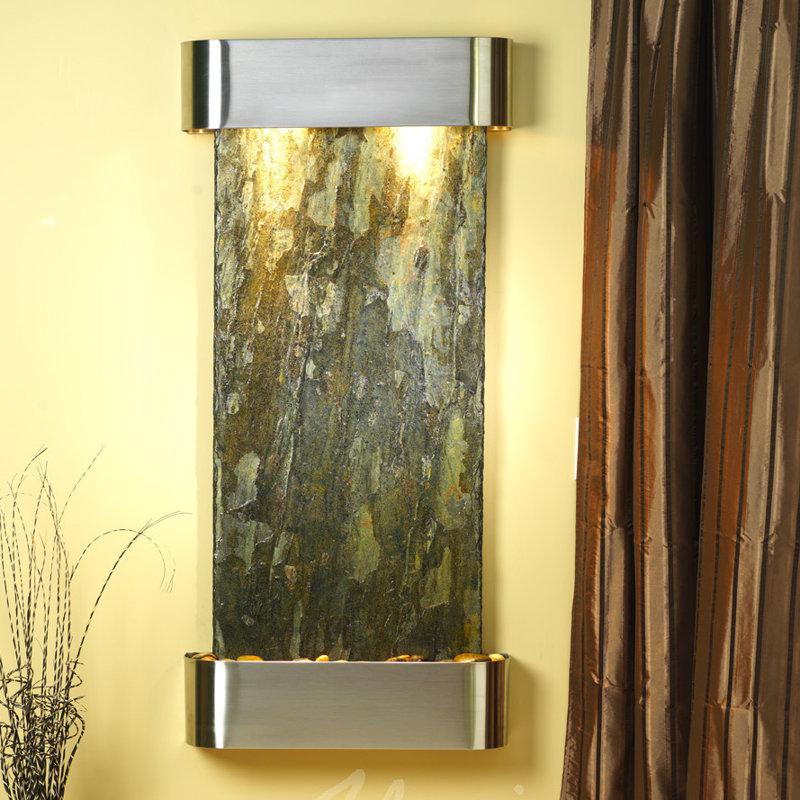 Cascade Springs Natural Stone Fountain with Light, Stainless Steel, Green Slate, Rounded