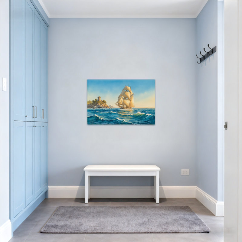 Paysage et nature, voilier sur les vagues de l'océan près du château de l'île, H 12 po x l 18 po