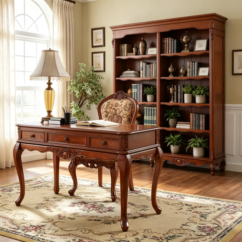 Luxury Hand-Carved Laminate & Solid Desk, 30.7" H x 47.2" W x 23.6" D