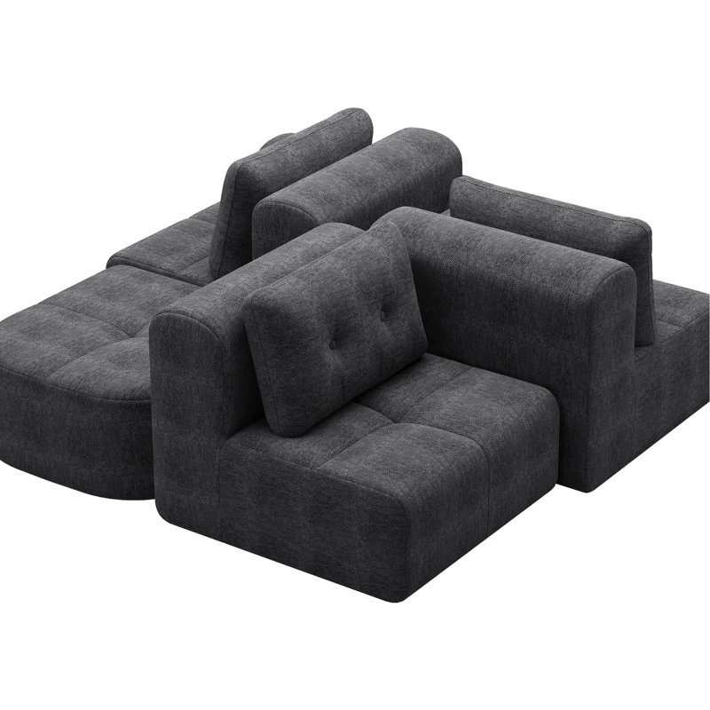 Modulaire avec méridienne, tissu tissé, gris foncé, 3 sièges pour une vie confortable dans la zone principale pour recevoir des invités
