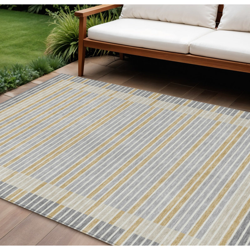 Tapis extérieur lavable rayé gris et argent 10 pi x 14 pi