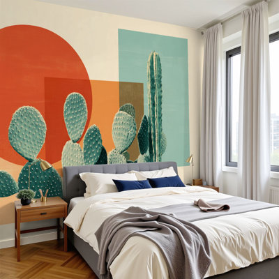 Peel and Stick Wallpaper 96" W x 69" H Modern Self Adhesive Wall Mural for Bedroom Cactus Desert Sun Geometric Abstract Retro Modern Style