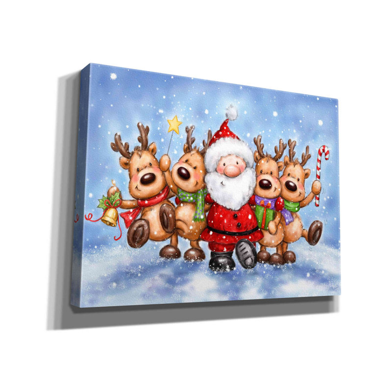Santa With Reindeers by Makiko - Wrapped Canvas Print, 12" H x 16" W x 0.75" D