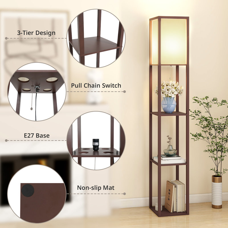 LED Shelf Floor Lamp, Wooden Reading Standing Light with Storage, Living Room Office, Brown