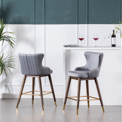 2 Counter Height Wingback Stools In Gray, Upholstered With Fabric And Dense Foam, Contemporary Style Gray Of 2, Foam Relaxing Textured Velvet-Like